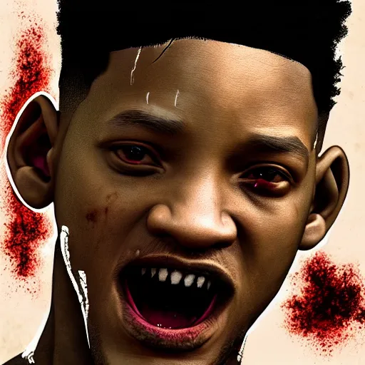 Prompt: young will smith as a bloody zombie, 7 days to die zombie, fine art, award winning, intricate, elegant, sharp focus, cinematic lighting, highly detailed, digital painting, 8 k concept art, art by guweiz and z. w. gu, masterpiece, trending on artstation, 8 k