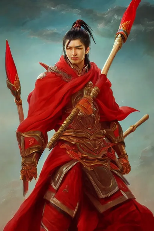 Image similar to a masterpiece portrait of nezha, red cloth around his shoulders, hold spear, cinematic, fantasy character portrait, highly detailed, by ne zha ( 2 0 1 9 ), fenghua zhong,