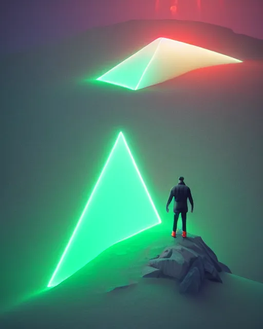 Image similar to a man standing in the middle of a mountain with a glowy neon triangle, a render by filip hodas, behance contest winner, environmental art, rendered in cinema 4 d, volumetric lighting