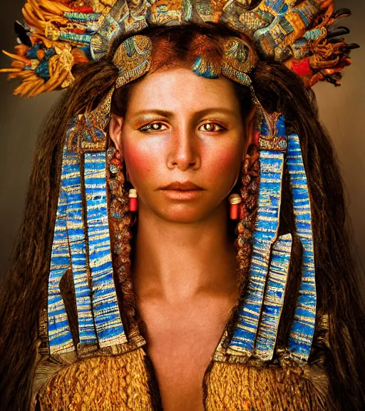 Prompt: portrait_photo_of_a_stunningly beautiful mayan maiden, 16th century, hyper detailed by Annie Leibovitz, Steve McCurry, David Lazar, Jimmy Nelsson, professional photography