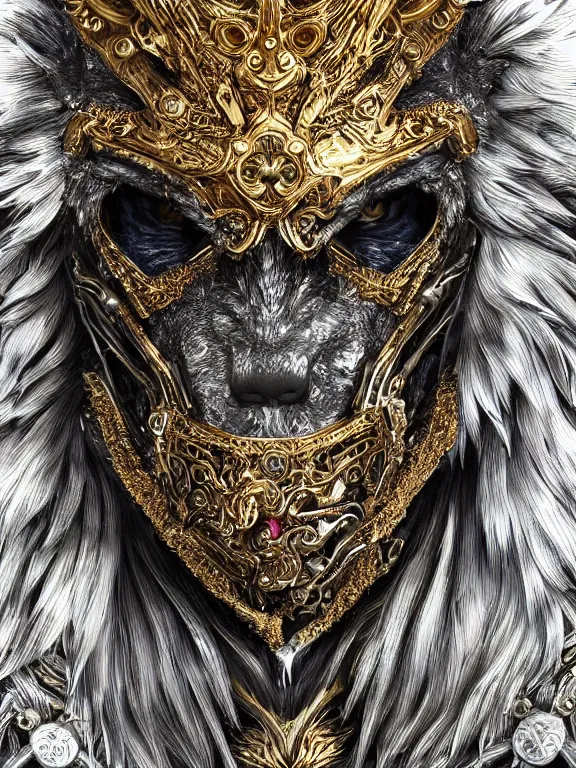 Image similar to portrait art of 8k ultra realistic werewolf,intricate gold crown, detailed intricate ornate armour,decaying, cybernetic, full of colour, cinematic lighting, battered, trending on artstation, 4k, hyperrealistic, focused, extreme details,unreal engine 5, cinematic, masterpiece, art by ayami kojima, giger