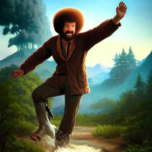 Image similar to bob ross!!! riding!!! a dinosaur!!, giant afro!, model pose, ultra realistic, concept art, intricate details, highly detailed, photorealistic, octane render, 8 k, unreal engine octane render art by artgerm and greg rutkowski and alphonse mucha