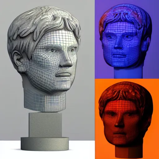 Image similar to 3 d renaissance statue head, mix with neon art, highly detailed