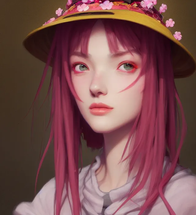 Image similar to a portrait of a female wearing a hat with sakura on top, hyper detailed, digital art, trending in artstation, cinematic lighting, studio quality, smooth render, unreal engine 5 rendered, octane rendered, art style by klimt and nixeu and ian sprigger and wlop and krenz cushart