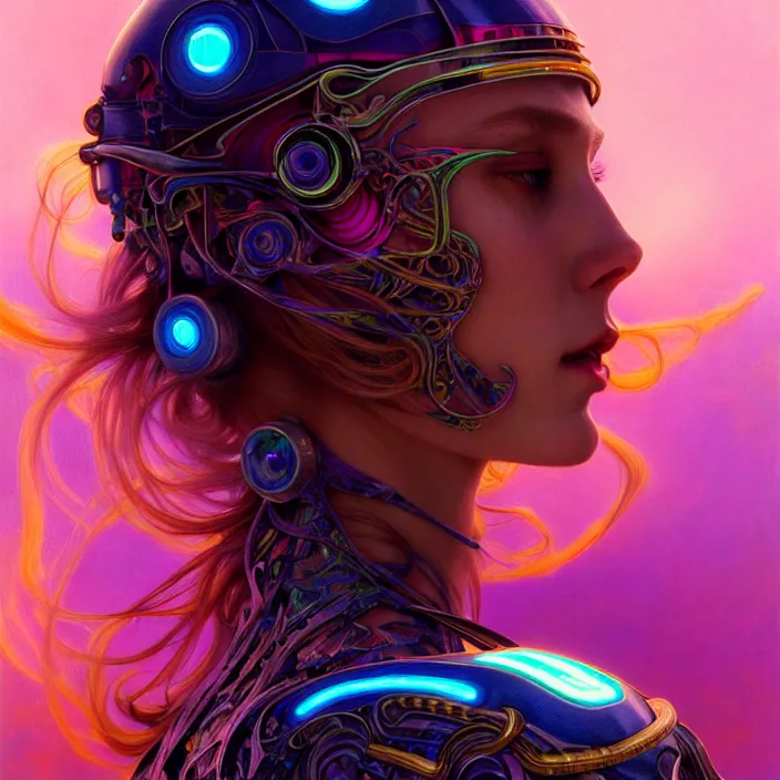 Prompt: bright psychedelic cyborg, glowing skin, long hair, diffuse lighting, fantasy, intricate, elegant, highly detailed, lifelike, photorealistic, digital painting, artstation, illustration, concept art, smooth, sharp focus, art by John Collier and Albert Aublet and Krenz Cushart and Artem Demura and Alphonse Mucha