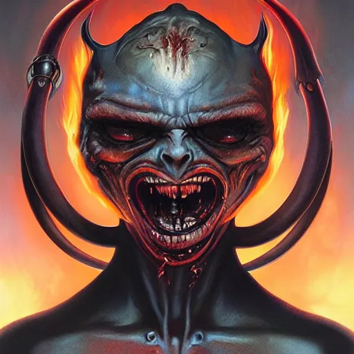 Image similar to giger doom demon portrait, fire and flame , Pixar style, by Tristan Eaton Stanley Artgerm and Tom Bagshaw.