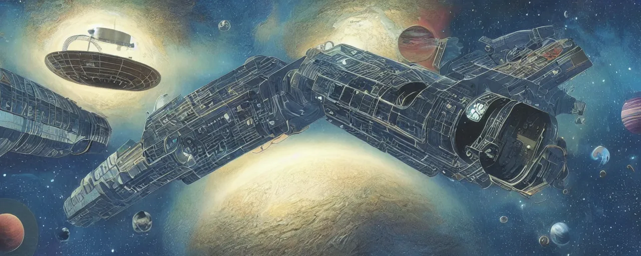 Prompt: a library floating in space, by david a. hardy and jim burns