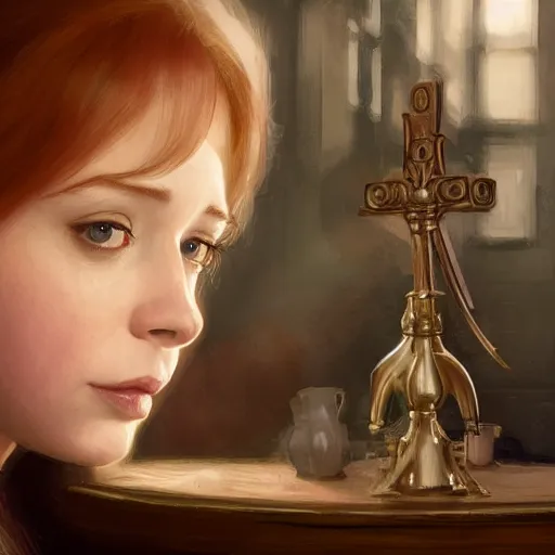 Image similar to sad young christina hendricks in a tavern, holding a small roung mirror, surprised expression on her face, she is surprised, warhammer, lord of the rings, intricate, highly detailed, digital painting, artstation, concept art, smooth, sharp focus, illustration, unreal engine 5, 8 k, art by artgerm and greg rutkowski and alphonse mucha