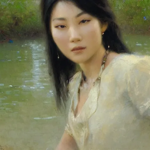 Prompt: elegant asian woman by the river, detailed face, correct face, painting by Gaston Bussiere, Craig Mullins