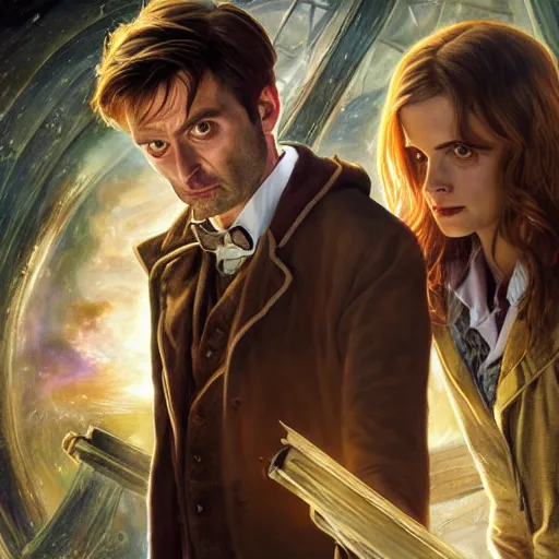 Image similar to david tennant as tenth doctor who and emma watson as hermione granger in tardis, highly detailed, artstation, concept art, fantasy, smooth, sharp focus, illustration, perfect face, art by nikolay makovsky, jacek malczewski, arthur hughes, edward okun, franz xaver winterhalter