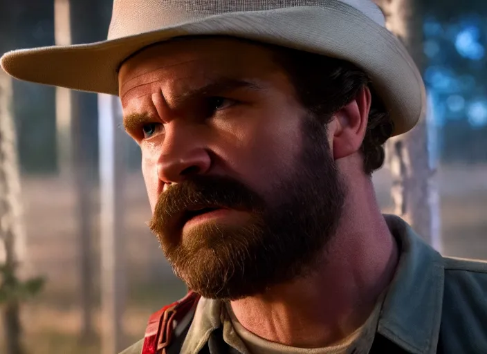 Image similar to film still of jim hopper as dustin henderson in stranger things, 8 k