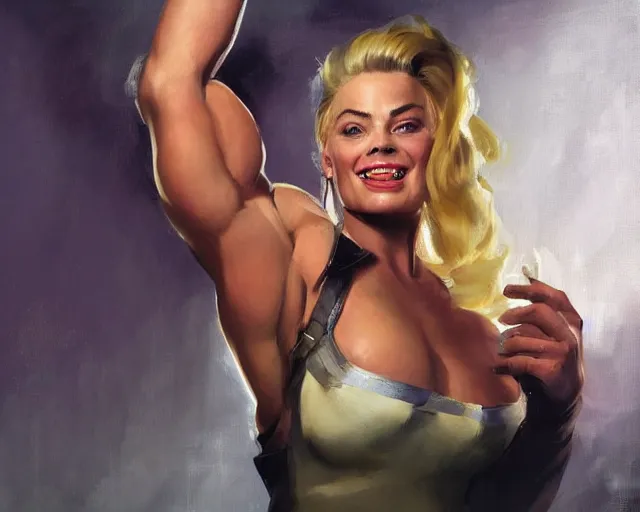 Image similar to greg manchess portrait painting of smiling margot robbie as beautiful thick female bodybuilder zarya from overwatch, medium shot, asymmetrical, profile picture, organic painting, sunny day, matte painting, bold shapes, hard edges, street art, trending on artstation, by huang guangjian and gil elvgren and sachin teng