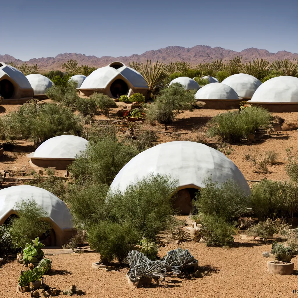 Prompt: futuristic adobe housing domes in a permaculture biosphere, ceramic white earthships, closed ecosystem, racks of vegetables propagated under shadecloth, in the middle of the desert, with a miniature indoor lake, XF IQ4, 150MP, 50mm, F1.4, ISO 200, 1/160s, natural light at sunset with outdoor led strip lighting