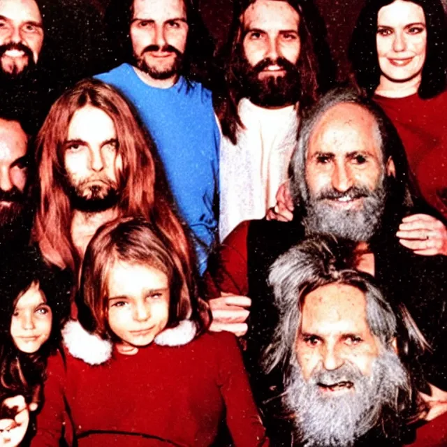 Prompt: the manson family christmas photo