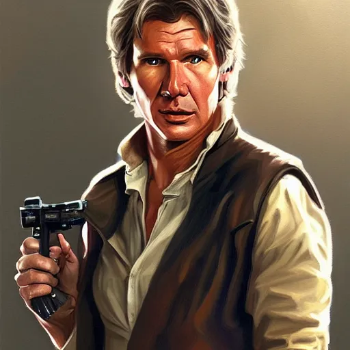 Image similar to harrison ford, han solo chest down, oil painting, artgerm, portrait, highly detailed, artstation