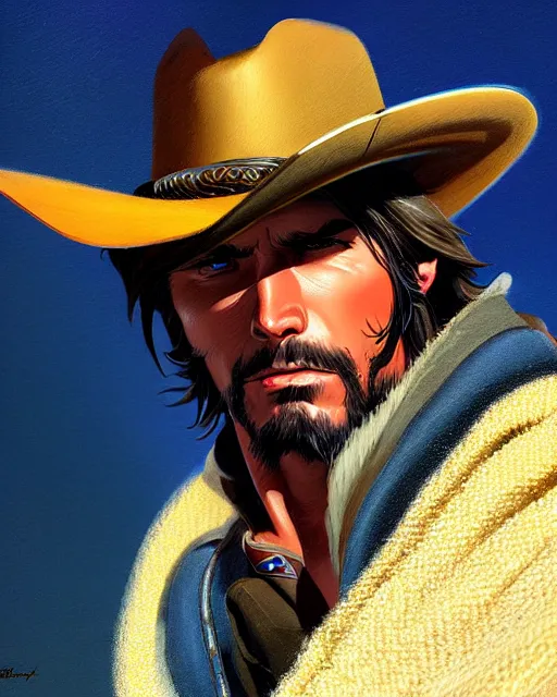 Image similar to mccree from overwatch, in a torn poncho, windy, character portrait, portrait, close up, highly detailed, intricate detail, amazing detail, sharp focus, vintage fantasy art, vintage sci - fi art, radiant light, caustics, by boris vallejo