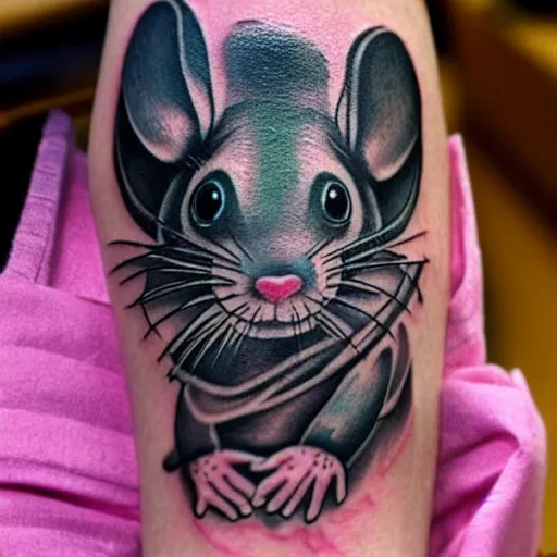 Prompt: tattoo of a cute rat, black, blue gray, pink, and white ink, detailed, hyperrealistic trending on artstation