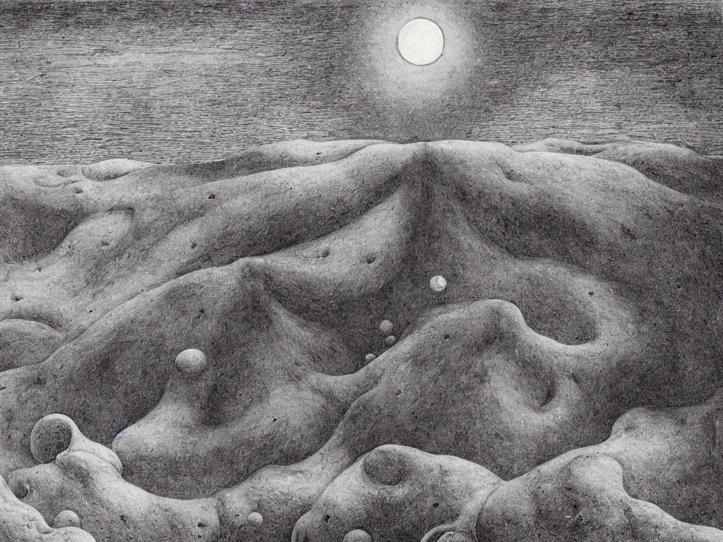 Image similar to Lunar landscape with giant African sculpted god in a crater, melancholy, noise, surreal. Painting by Alfred Kubin, Escher, Ernst Haeckel, Yves Tanguy