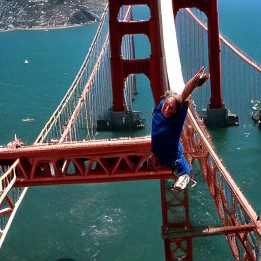 Prompt: national geographic photo of Bill Clinton bungie jumping off golden gate Bridge