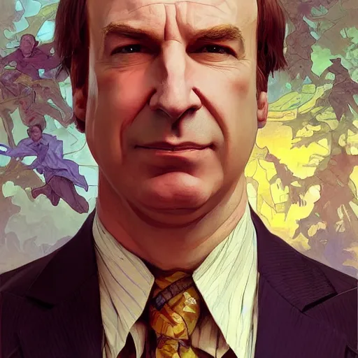 Image similar to saul goodman, fantasy character portrait, dynamic pose, above view, sunny day, very coherent asymmetrical artwork, sharp edges, perfect face, simple form, 100mm by Stanley Artgerm Lau, greg rutkowski, thomas kindkade, alphonse mucha, loish