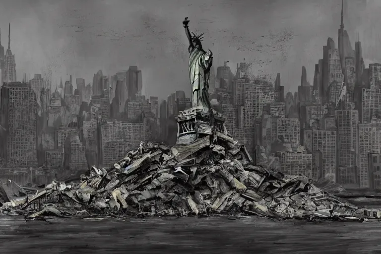 Prompt: The statue of liberty falling apart and rotted after nuclear fallout, city of new york wasteland, concept art by Ray Lederer, fallout concept art, wallpaper, trending on art station