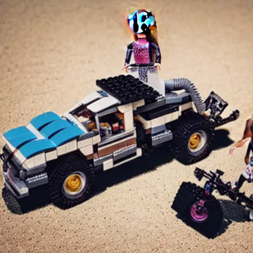 Image similar to barbie lego, madmax style