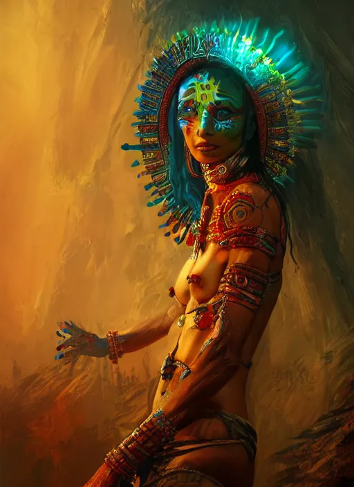 Image similar to aztec sun goddess, vivid colors, dark shadows, contrast, concept art, sharp focus, digital art, Hyper-realistic, 4K, Unreal Engine, Highly Detailed, Dramatic Lighting, Beautiful, by Brom, bastien lecouffe-deharme