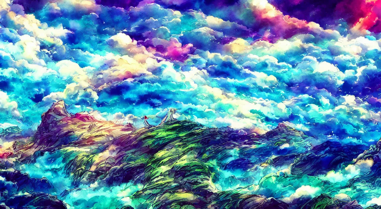 Prompt: A beautiful landscape with an ocean that blends with the sky wavelike clouds, rainbow flowing clouds flowing like smoke, vivid landscape, award-winning anime style, wallpaper, relaxing, bright, Watercolor expressionist, comic book style, manga style