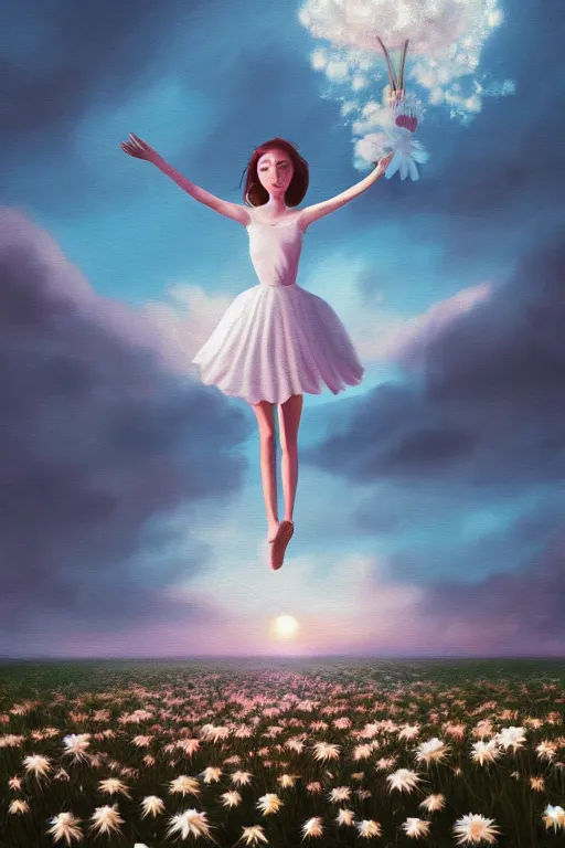 Prompt: giant white daisy flower on shoulder, girl dancing in a flower field, surreal photography, sunrise, dramatic light, impressionist painting, colorful clouds, digital painting, artstation, simon stalenhag