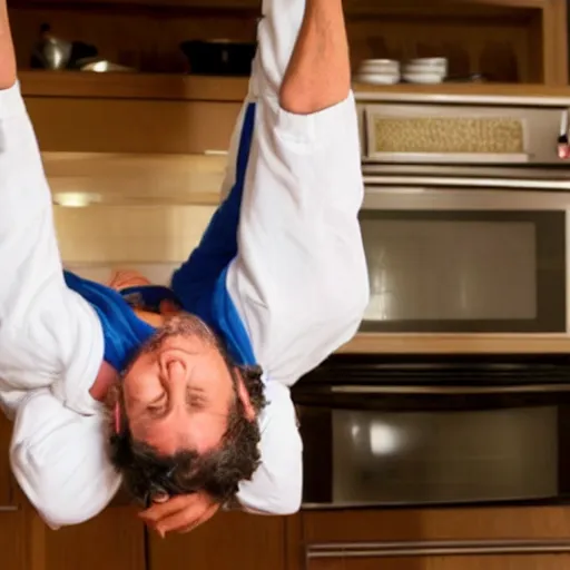 Prompt: jeff gold blum hanging upside down in his kitchen