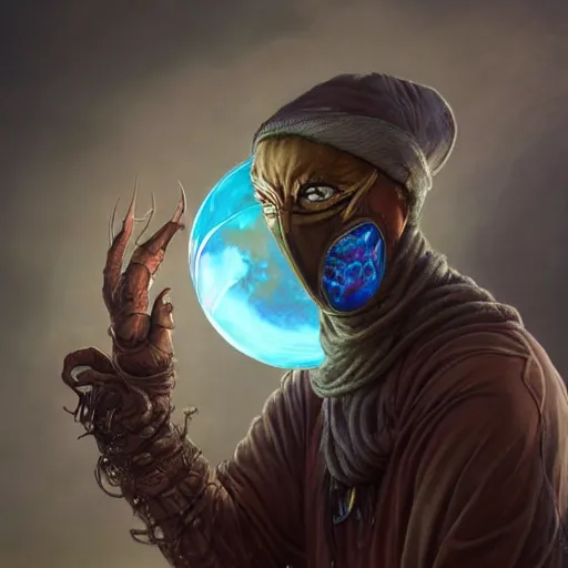 Image similar to masked nomad male wearing a cloak on an alien world and holding a holographic planet projection in his hand, detailed, sci - fi, digital painting, artstation, sharp focus, illustration, ominous, artgerm, tomasz alen kopera, peter mohrbacher, donato giancola, joseph christian leyendecker, wlop, frank frazetta