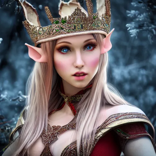 Image similar to beautiful elf queen, eye contact ,highly detailed, 4k, HDR, smooth, sharp focus, hyper realistic, high resolution, award-winning photo