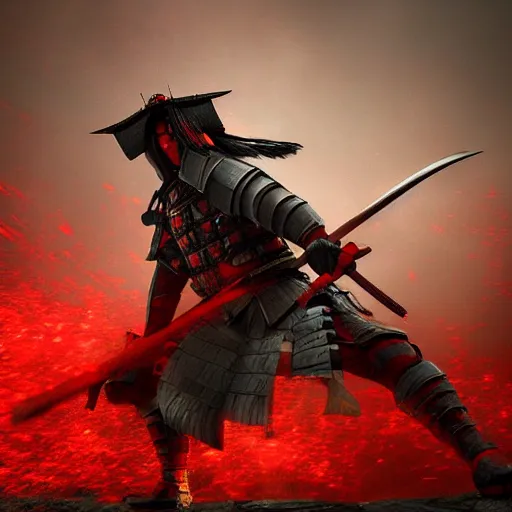 Image similar to a samurai looking to the sky while it's raining blood on his face, unreal engine fantasy art, hauntingly beautiful art, beautiful composition, hd, 8k, detailed, nighttime