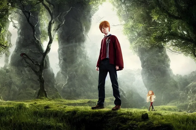 Image similar to an ultra realistic, cinematic, headshot portrait, of harry potter, ron weasley, hermoine granger as an avocado, fantasy, avocado, facial features, background of a vast serene landscape, with trees and rivers, detailed, deep focus, movie still, dramatic lighting, ray tracing, by michal karcz and yoshitaka amano