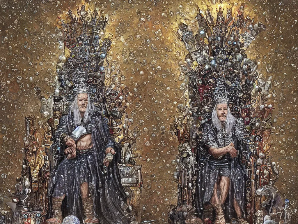 Prompt: an image of an old king wearing a crown of silver adorned with raindrops sitting in a throne of pearls in a mosaic adorned catacomb, victoria era dawn, art by terese nielsen, magali villeneuve, scott fischer