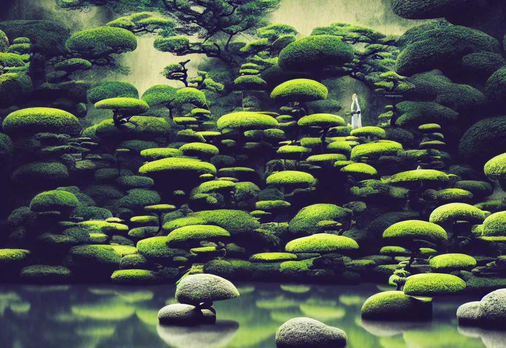 Image similar to serene beautiful temple rock garden kyoto, japan, a collage painting, in the style of wes anderson, lola dupre, david hockney, isolated on negative white space background dark monochrome fluorescent neon spraypaint accents volumetric octane render