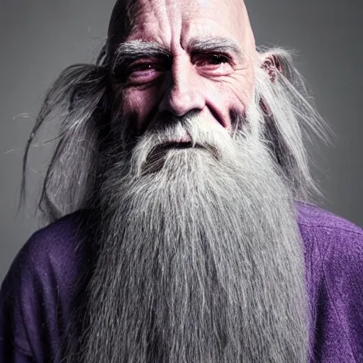 Image similar to an old bald druid wizard with bushy grey eyebrows, long grey hair and wearing a grey wizard hat, disheveled, wise old man, wearing a purple detailed coat, a bushy grey beard, sorcerer, he is a mad old man