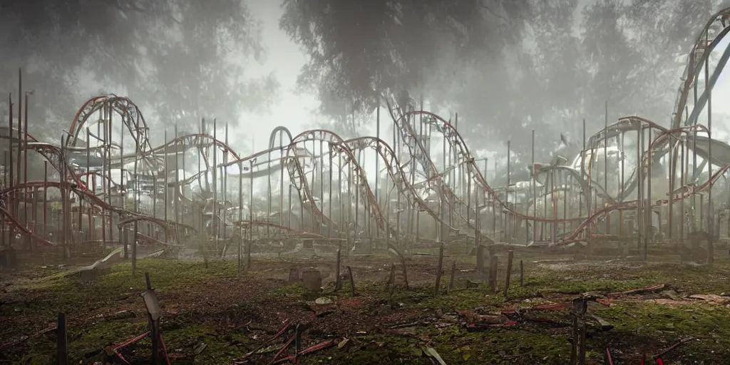 Prompt: creepy view into abandoned theme park with many attractions, including roller coaster with 360 degree loop, fog, rain, volumetric lighting, beautiful, golden hour, sharp focus, highly detailed, cgsociety