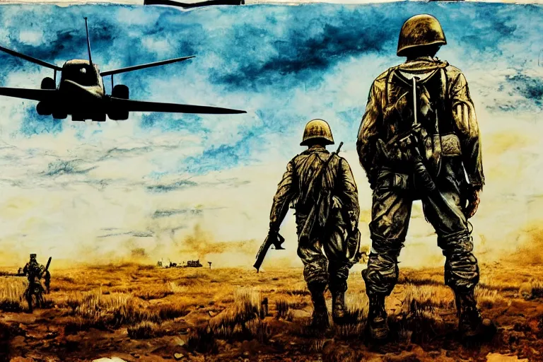 Image similar to war huh what is it good for, photoillustration ink drawing acrylic art digital illustration oil on canvas photorealistic polished sci - fi james gurney filmic stock photo landscape polished photorealistic