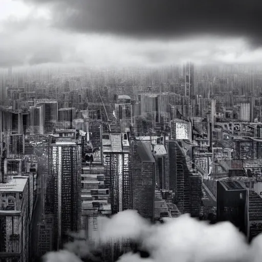 Image similar to surreal brutalist cityscape emerges from clouds below, moody, vast, uncaring