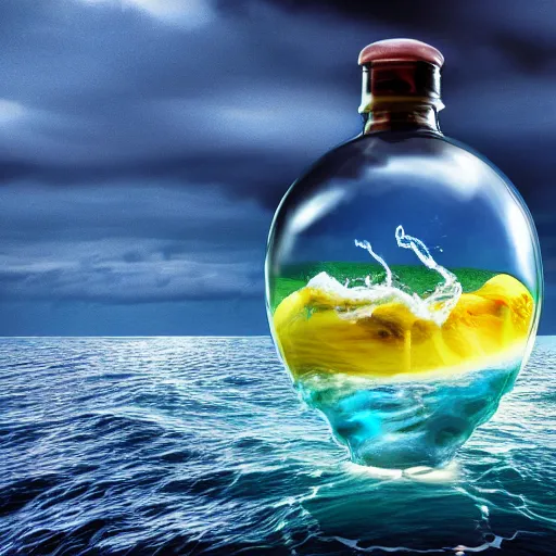 Prompt: surreal 3 d art of a human head stuffed in a bottle, on the ocean water, futuristic, glowing, hyper realistic, ray tracing, realistic water splashes, sharp focus, long shot, 8 k resolution, cinematic, photoshop art