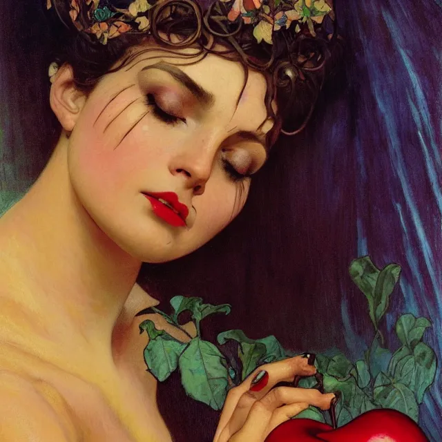 Image similar to an aesthetic! detailed close - up portrait of an aesthetic woman crying mournfully while holding an apple, by frank frazetta and alphonse mucha, oil on canvas, bright colors, art nouveau, epic composition, dungeons and dragons fantasy art, hd, god - rays, ray - tracing, crisp contour - lines, huhd - 8 k