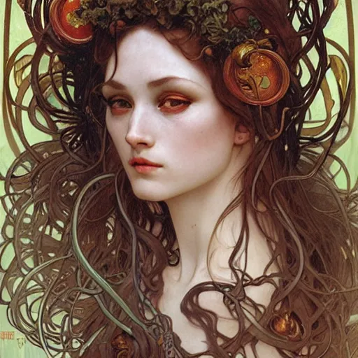 Prompt: realistic detailed face portrait of Medusa by Alphonse Mucha, Ayami Kojima, Amano, Charlie Bowater, Karol Bak, Greg Hildebrandt, Jean Delville, and Mark Brooks, Art Nouveau, Neo-Gothic, gothic, rich deep moody colors