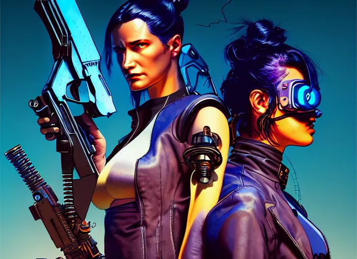 Image similar to cyberpunk gunslingers. portrait by stonehouse and mœbius and will eisner and gil elvgren and pixar. character design. realistic proportions. cyberpunk 2 0 7 7 character art, blade runner 2 0 4 9 concept art. cel shading. attractive face. thick lines. the team. diverse characters. artstationhq.