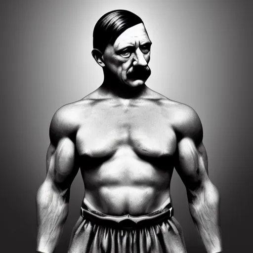Image similar to Adolf hitler with the physique of a body builder, hyper realistic, ultra detailed, cinematic, dynamic lighting, photorealistic, refined, intricate, digital art, digital painting, masterpiece, 8k