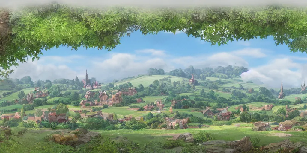 Prompt: background plate matte painting ghibli pixar dreamworks vista english countryside.