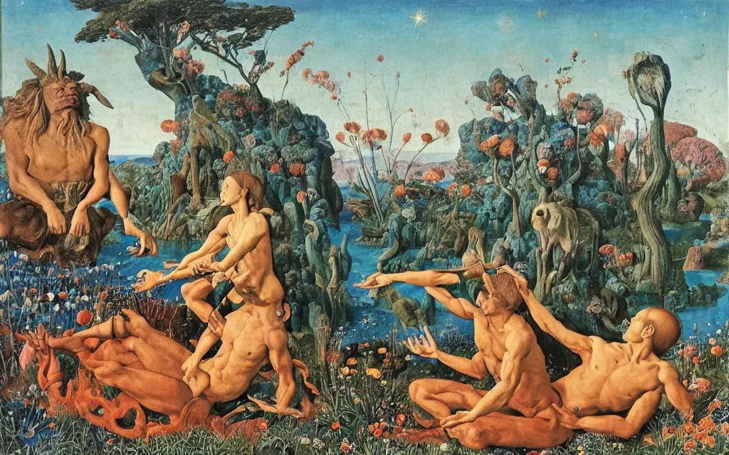 Image similar to a portrait photograph of a meditating satyr and a centaur monk riding a rocket machine and hunting at a river delta. surrounded by bulbous flowers and trees. mountain range under a blue sky of fiery stars. by jan van eyck, max ernst, ernst haeckel, ernst fuchs and artgerm, cgsociety, fashion editorial, 8 k