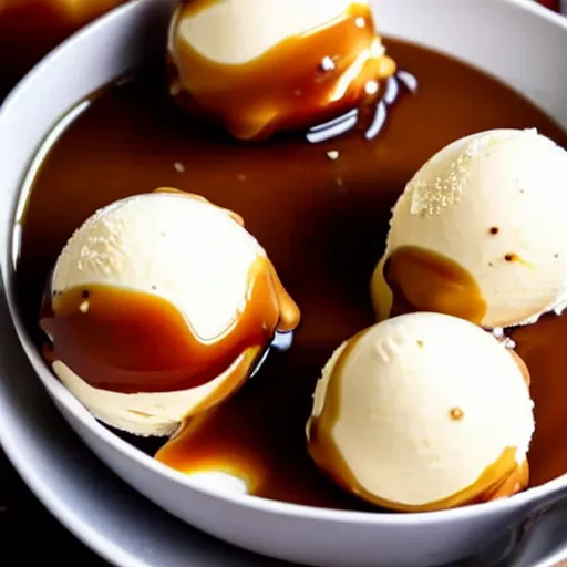Image similar to closeup of a bowl with three balls of vanilla ice cream covered with caramel sauce and sprinkles. Simplistic.