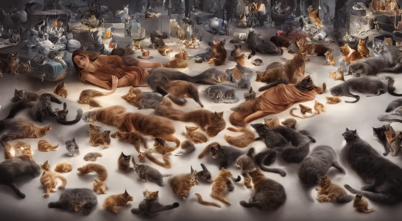 Image similar to a matte painting of a cat lady laying on a floor surrounded by 20 cats by Frank Lloyd Wright and Zaha Hadid torch volume light stylized illustration digital airbrush painting, 3d rim light, hyperrealistic masterpiece, artstation, cgsociety, kodakchrome, golden ratio