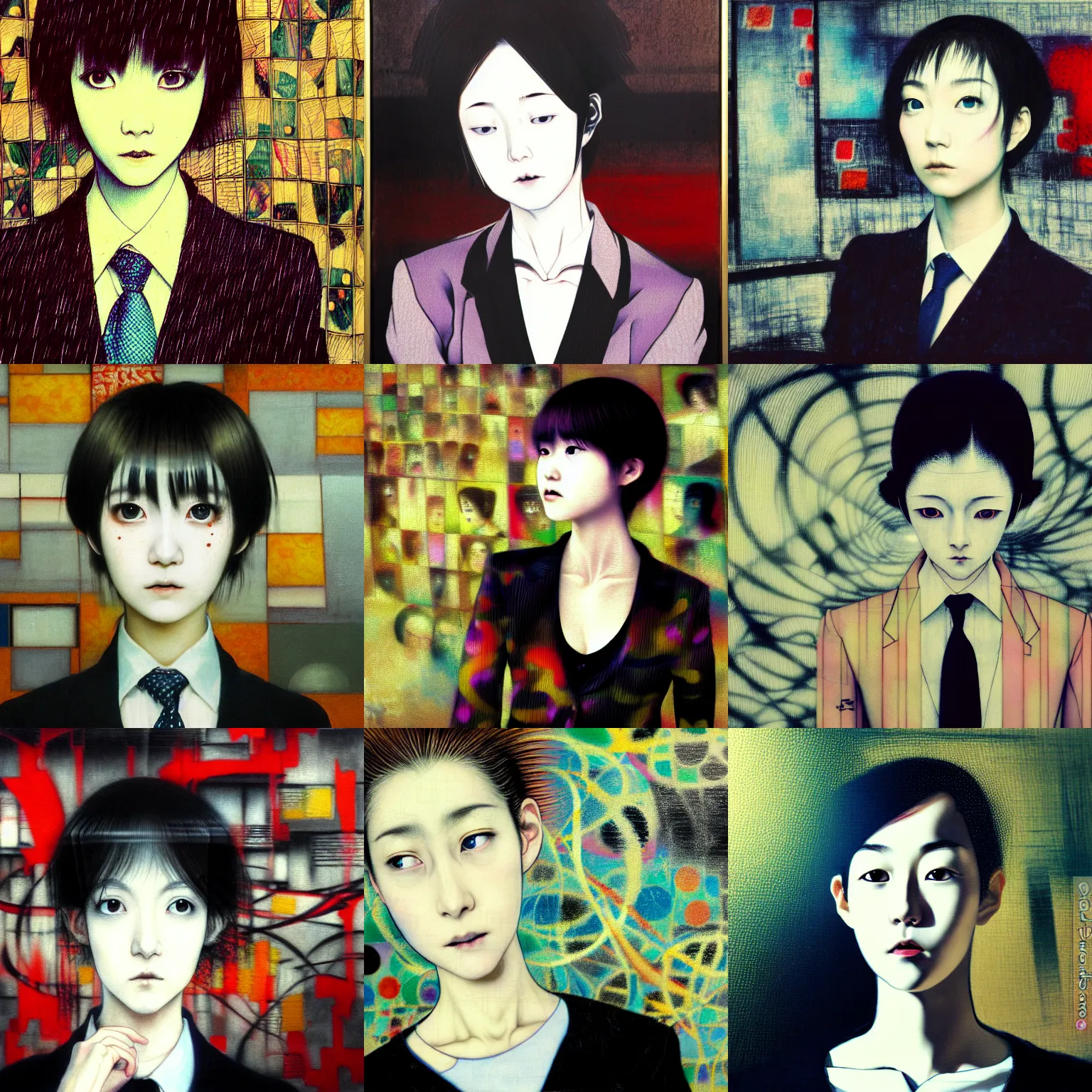 Prompt: yoshitaka amano blurred and dreamy realistic three quarter angle portrait of a young woman with short hair and black eyes wearing office suit with tie, junji ito abstract patterns in the background, satoshi kon anime, noisy film grain effect, highly detailed, renaissance oil painting, weird portrait angle, blurred lost edges, 3 / 4 view portrait